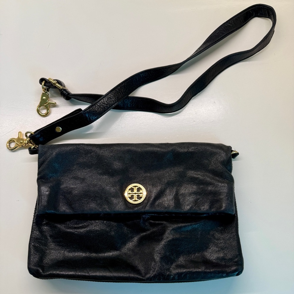 Tory Burch Dena Fold-Over Black Leather Crossbody with Gold Accents